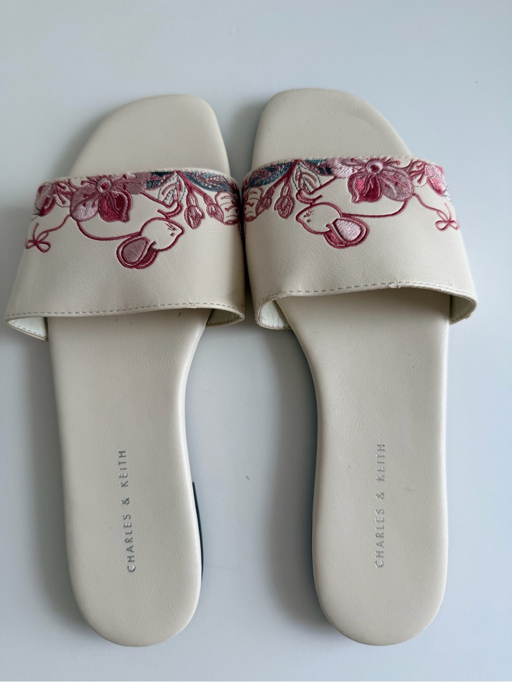 Charles & Keith Cream Slides with Rose Embroidered Strap